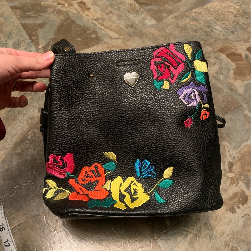 Betsey Johnson black and multi floral embroidered bag